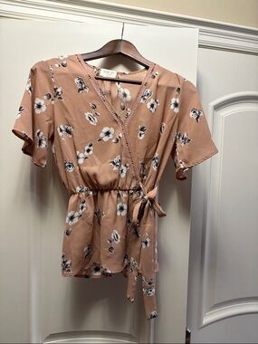 Floral Wrap Tie Blouse - Blush Pink